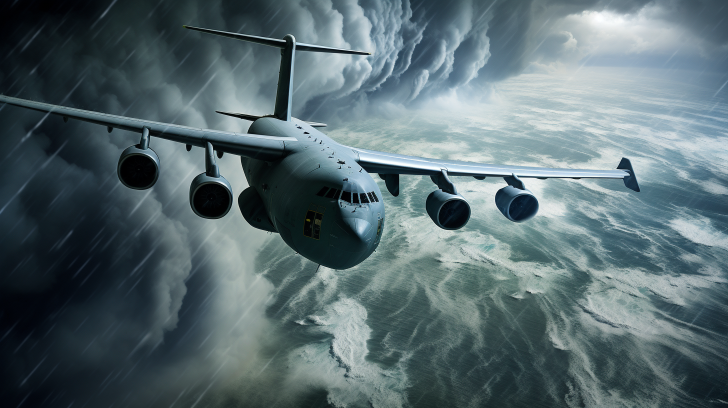 C-17 Galaxy Military Cargo Plane in Cyclone