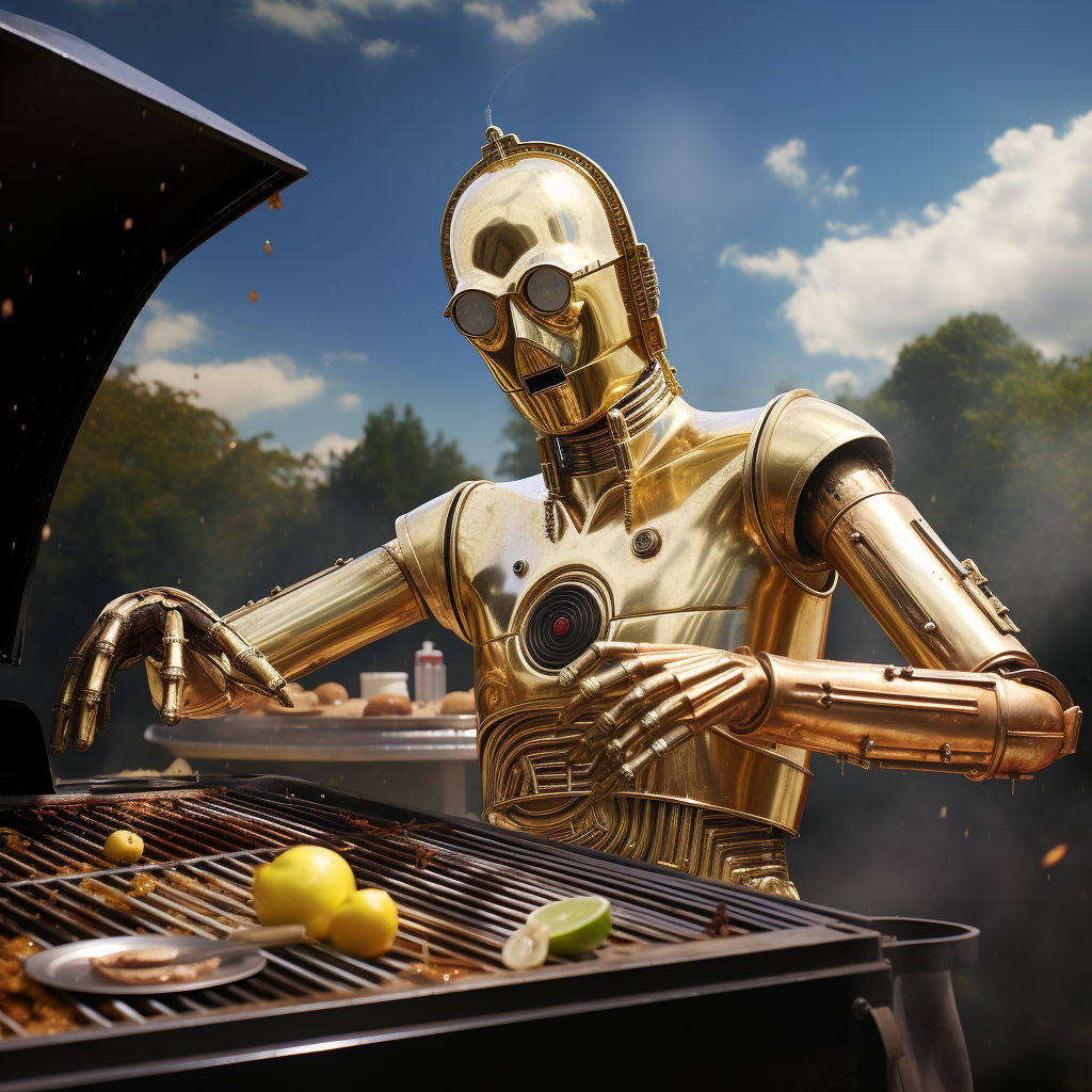 C-3PO grilling delicious burgers