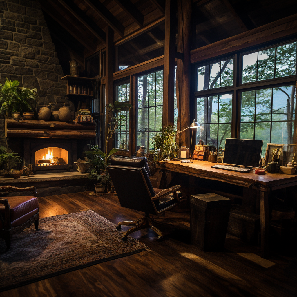 Cozy cabin great room with fireplace and desk area