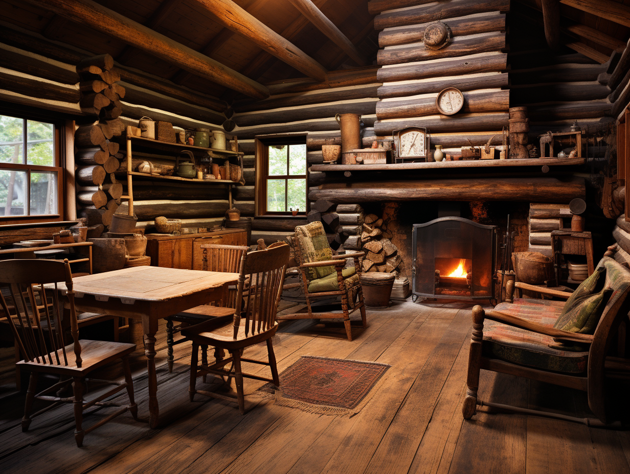 Rustic log cabin with primitive furnishings