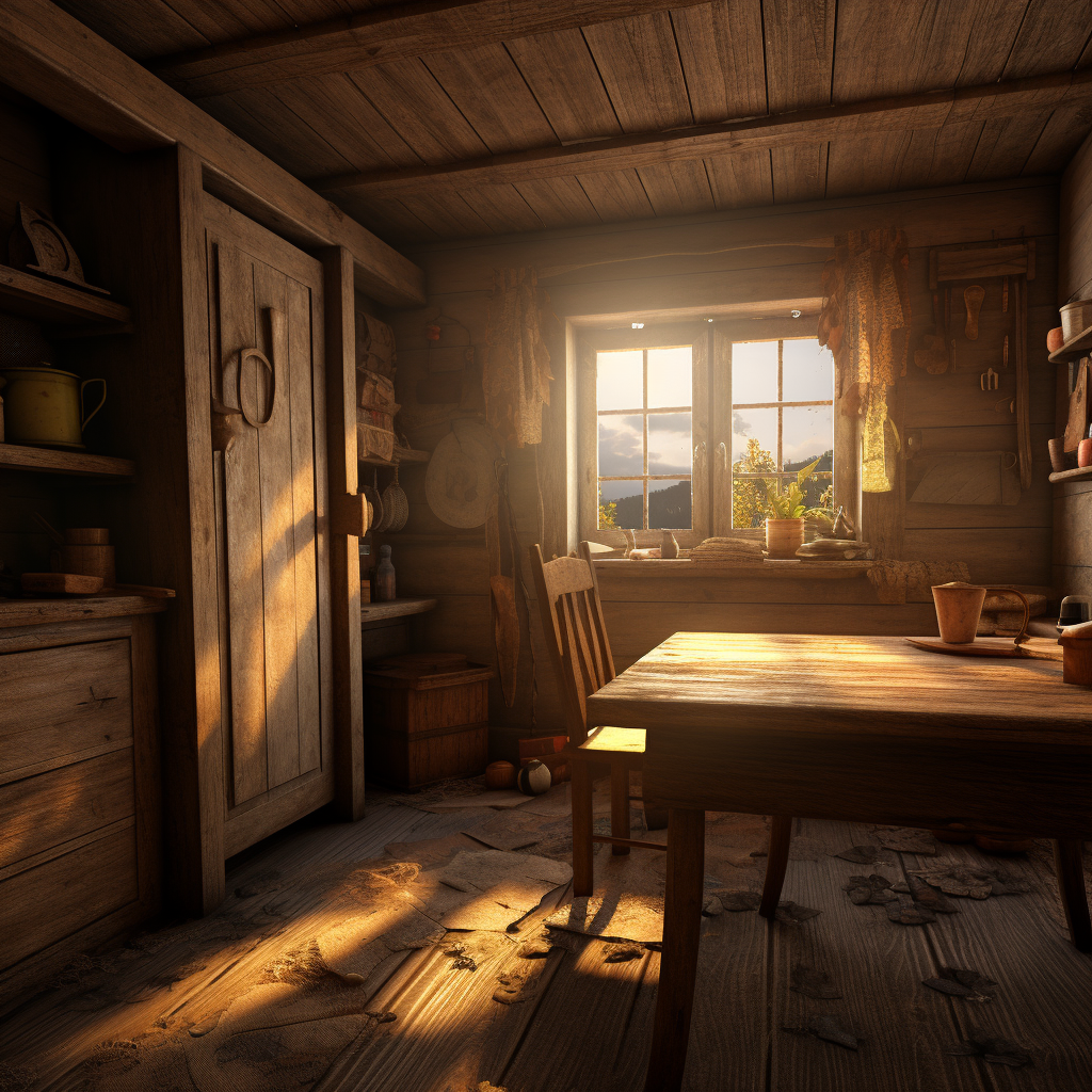 Cabin interior with window, door, and wooden table