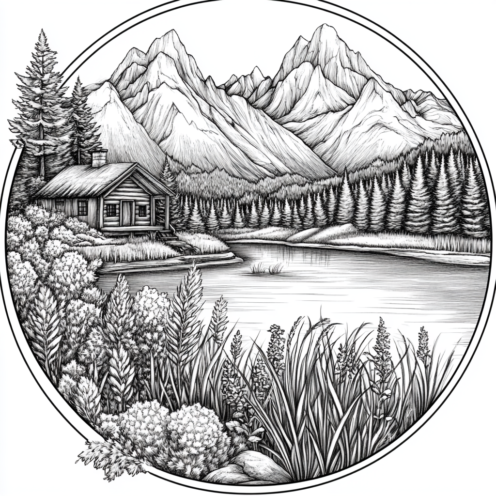 Elegant cabin lake mountains trees drawing