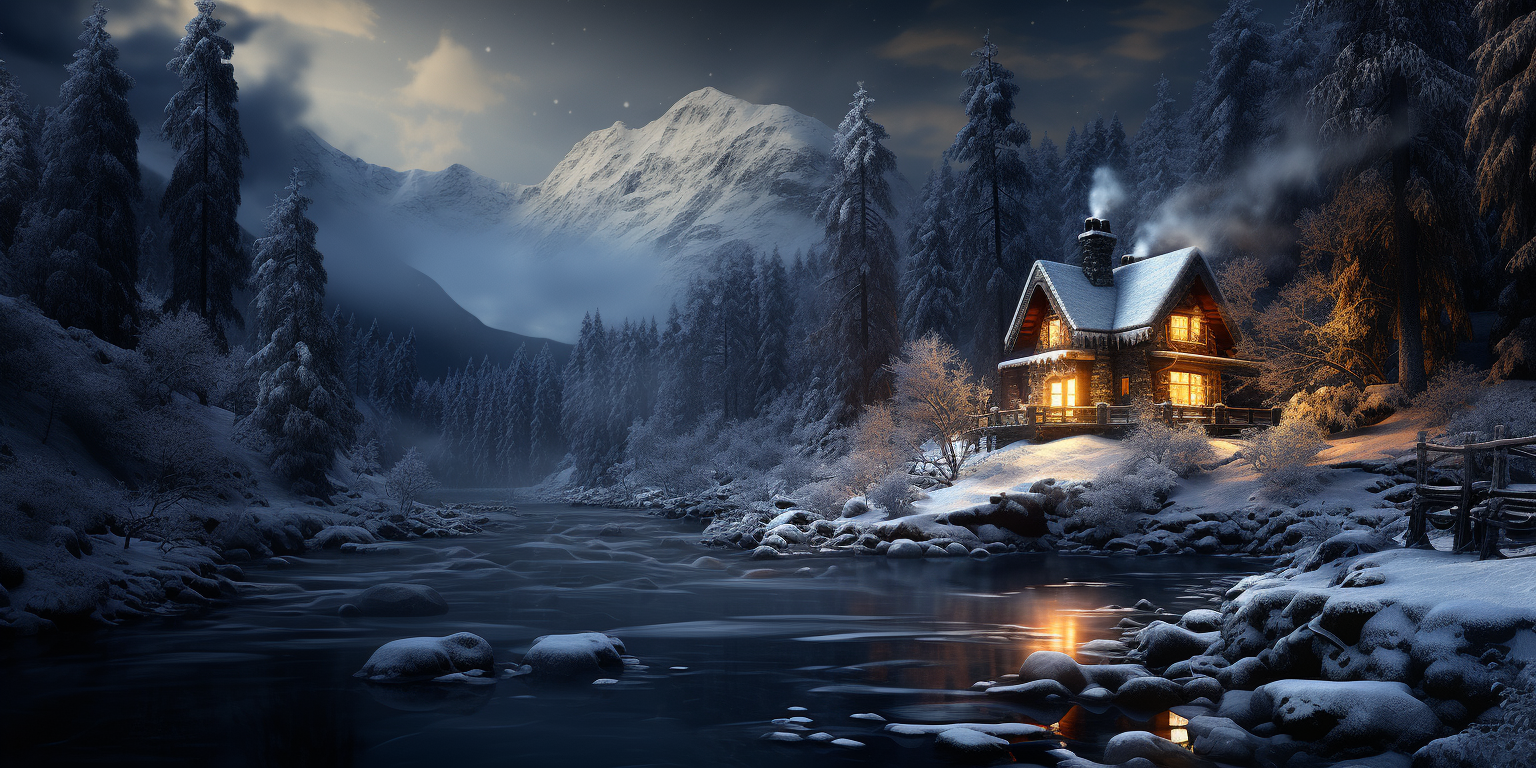 Magical Winter Cabin with Smoking Chimney