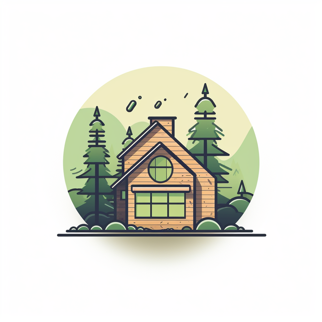 Flat vector logo of cabin with pine trees