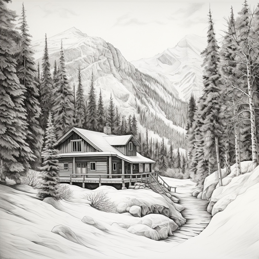 Pencil drawing of cabin in woods