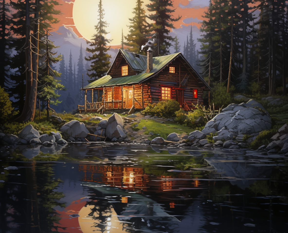 Detailed cabin in the woods painting