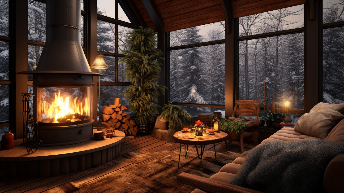 Cozy cabin in woods with snow and fireplace