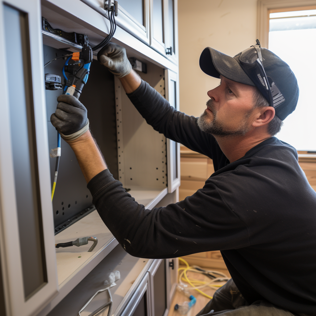 Skilled cabinet installer installing a beautiful cabinet