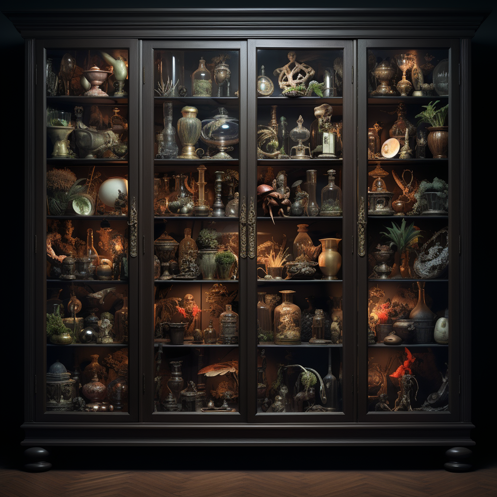 Photorealistic cabinet of curiosities on dark background