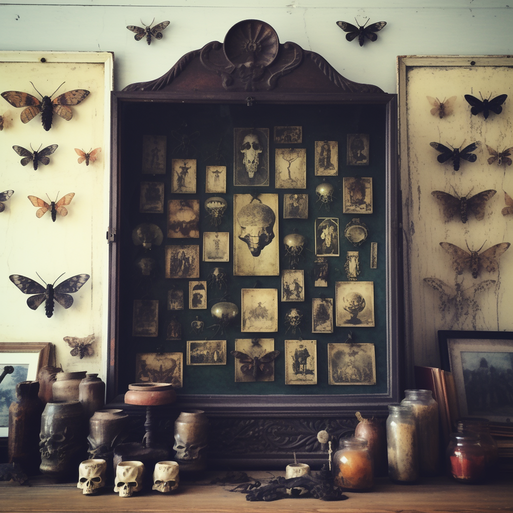 Vintage cabinet of curiosities with distressed look