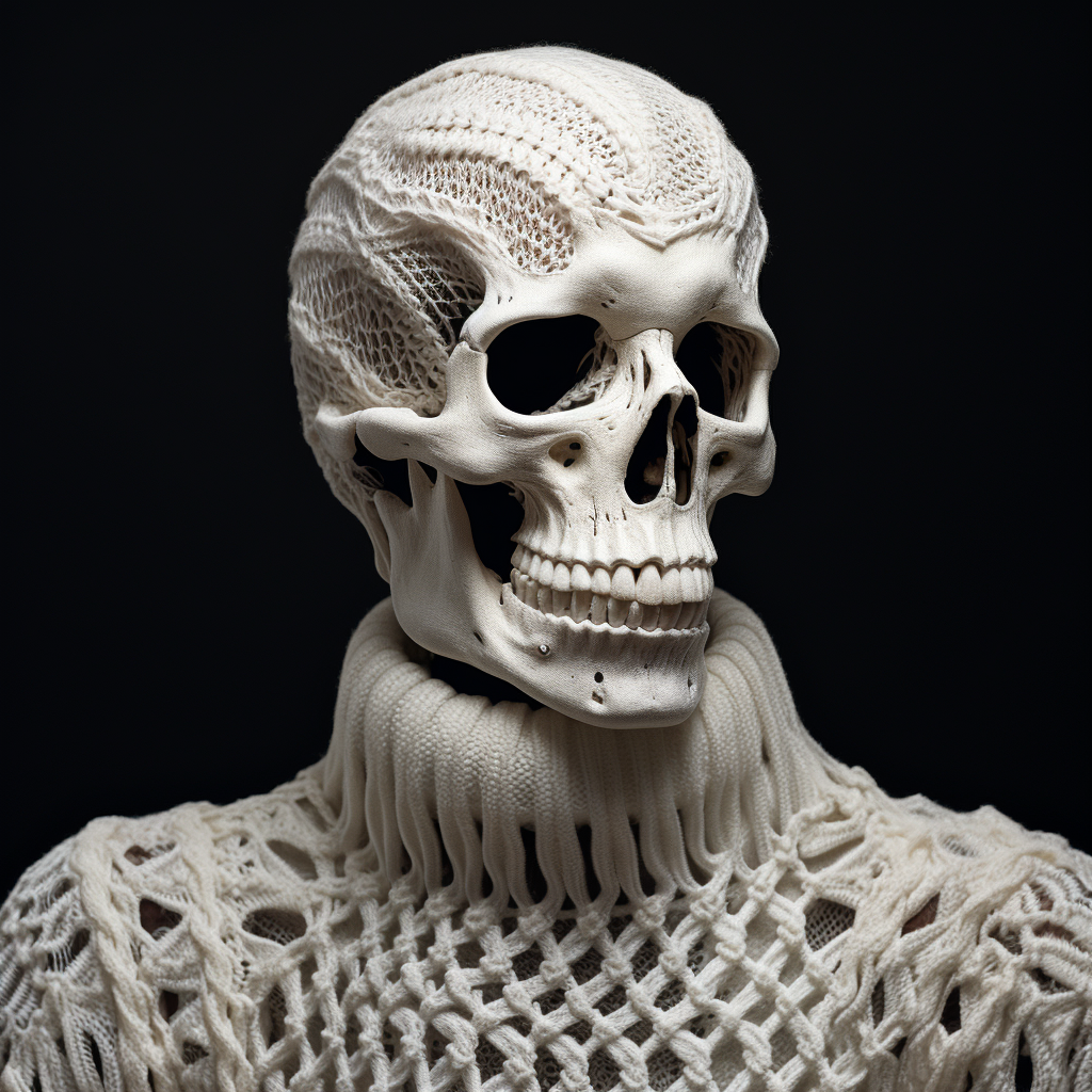 Human skeleton wearing cable knit sweater