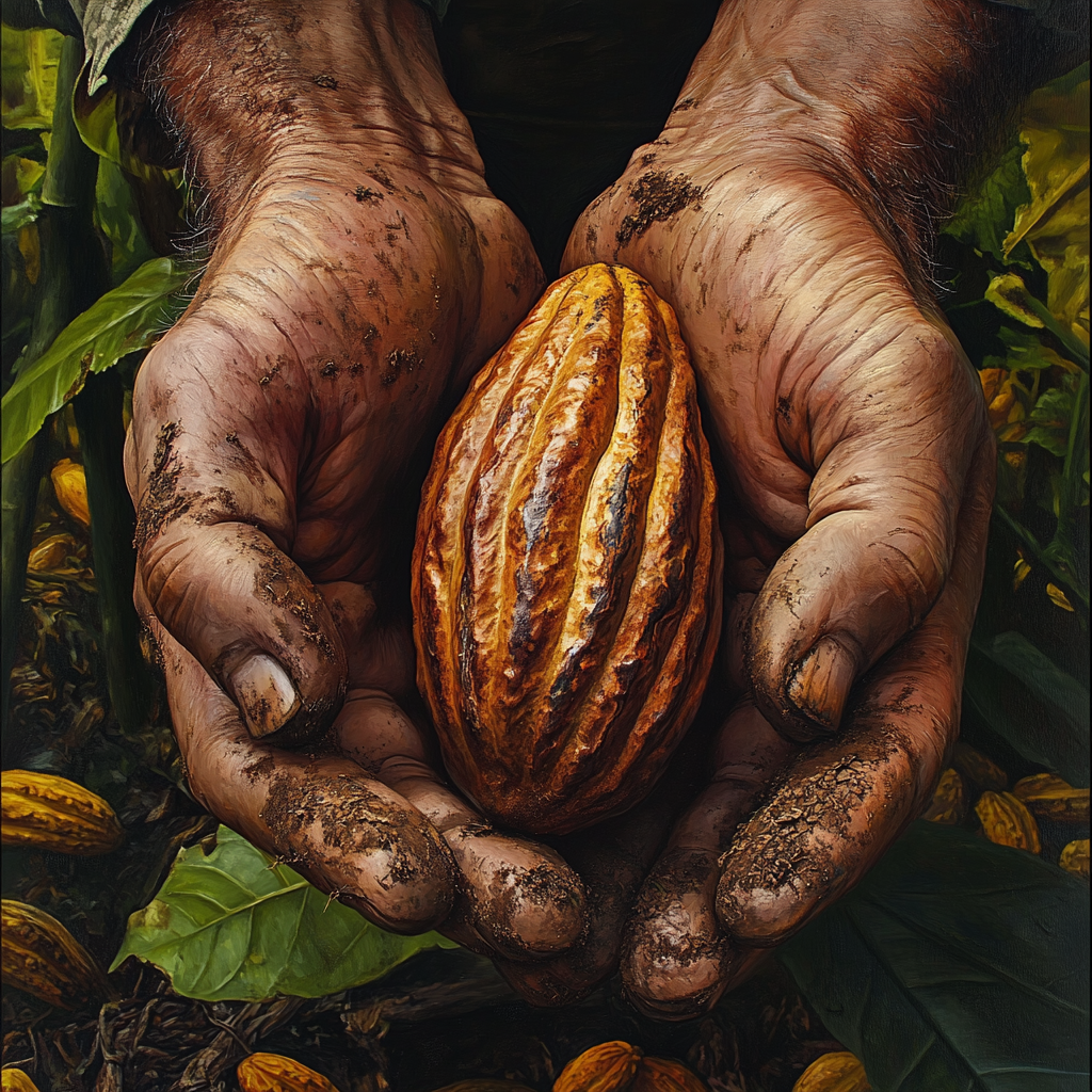 Cacao farmer holding cacao pod