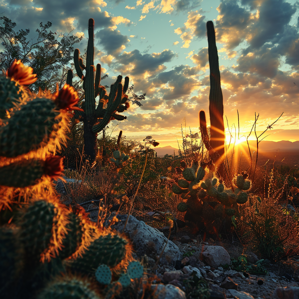 Beautiful silhouettes of cacti against the morning sky