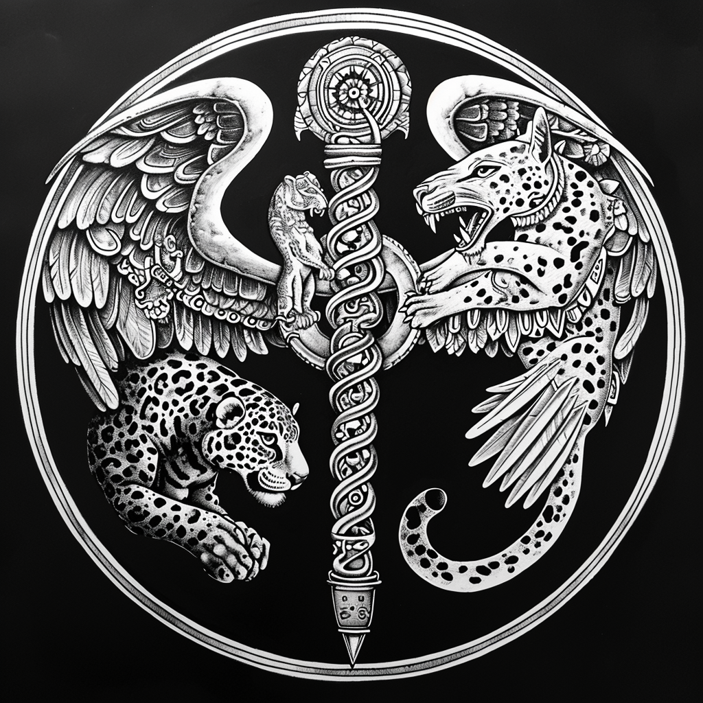 Ancient Mayan Caduceus Symbol with Jaguar