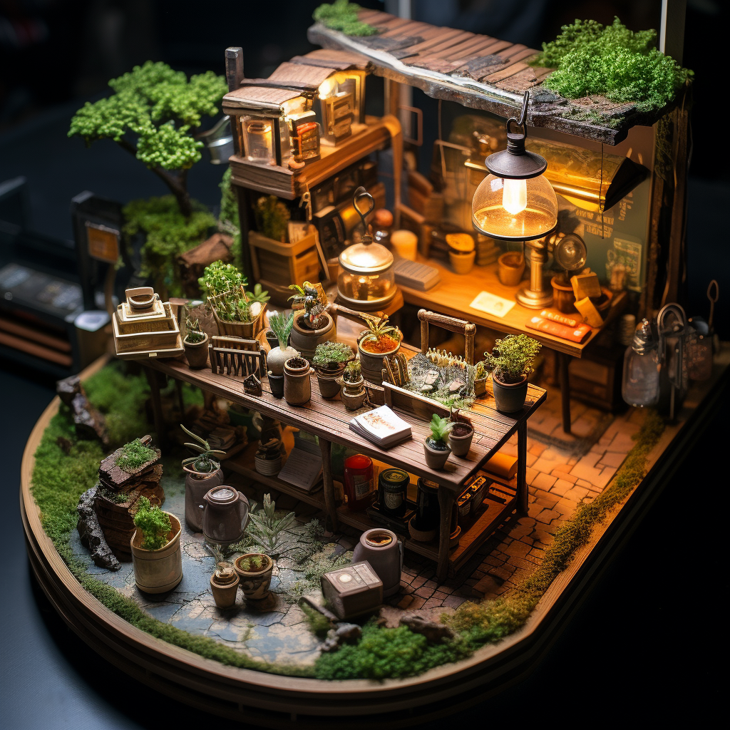 Aerial view of cafe diorama with plants and brew station