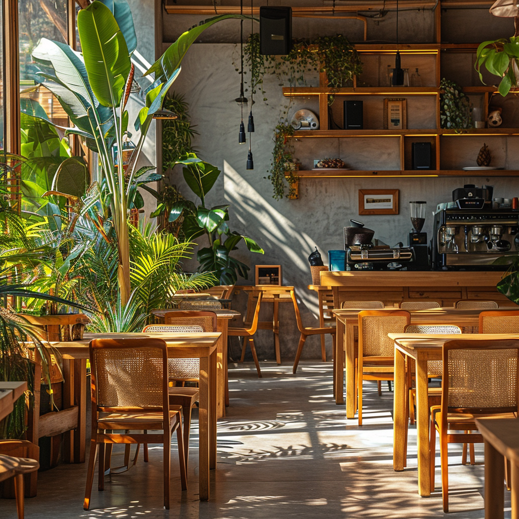 Interior of Cafe with Wooden Furniture Plants and High Fi Sound