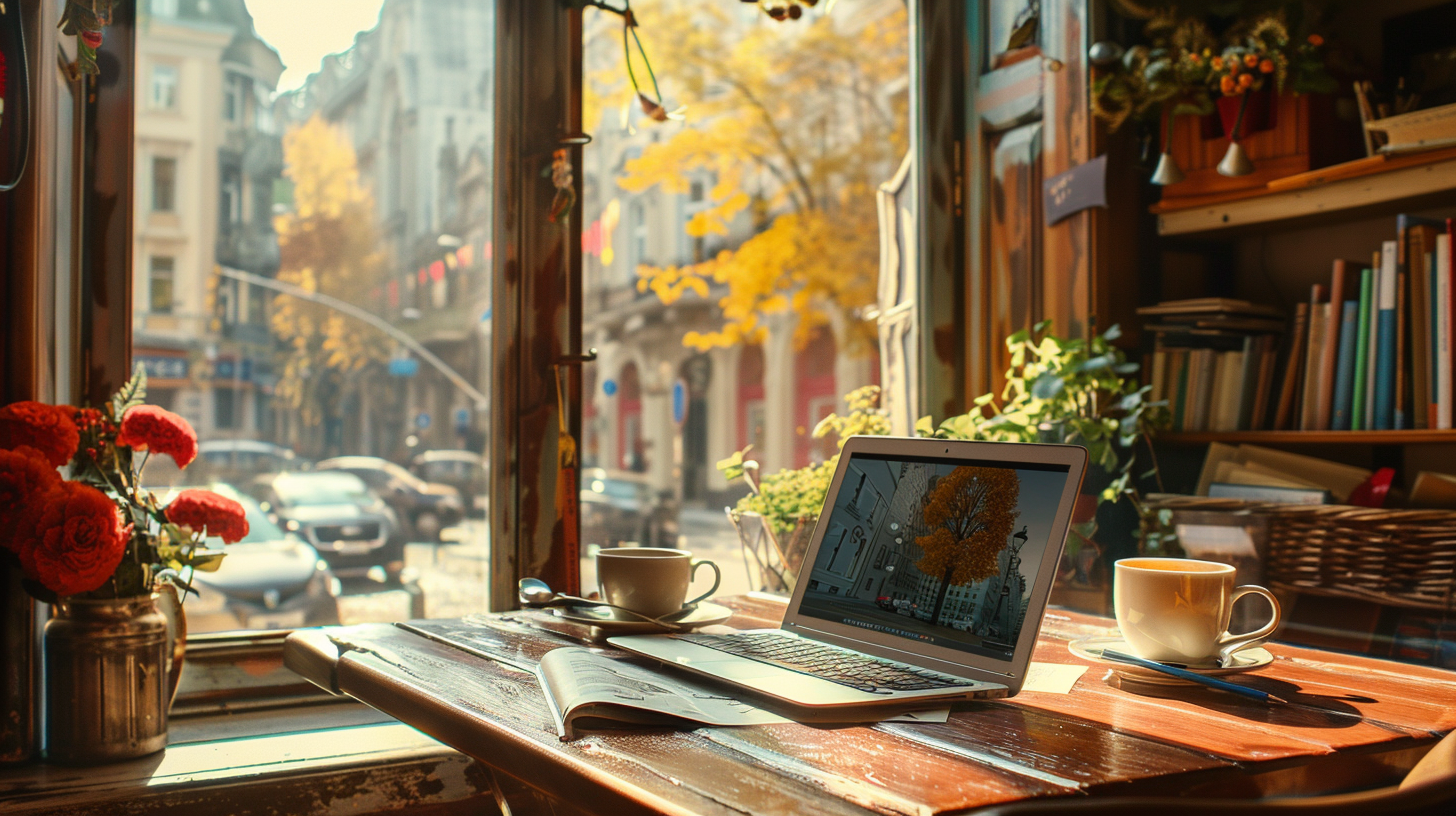 Laptop and coffee on cafe table