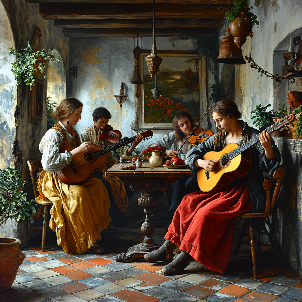 Classic Renaissance Cafe with People Playing Instruments