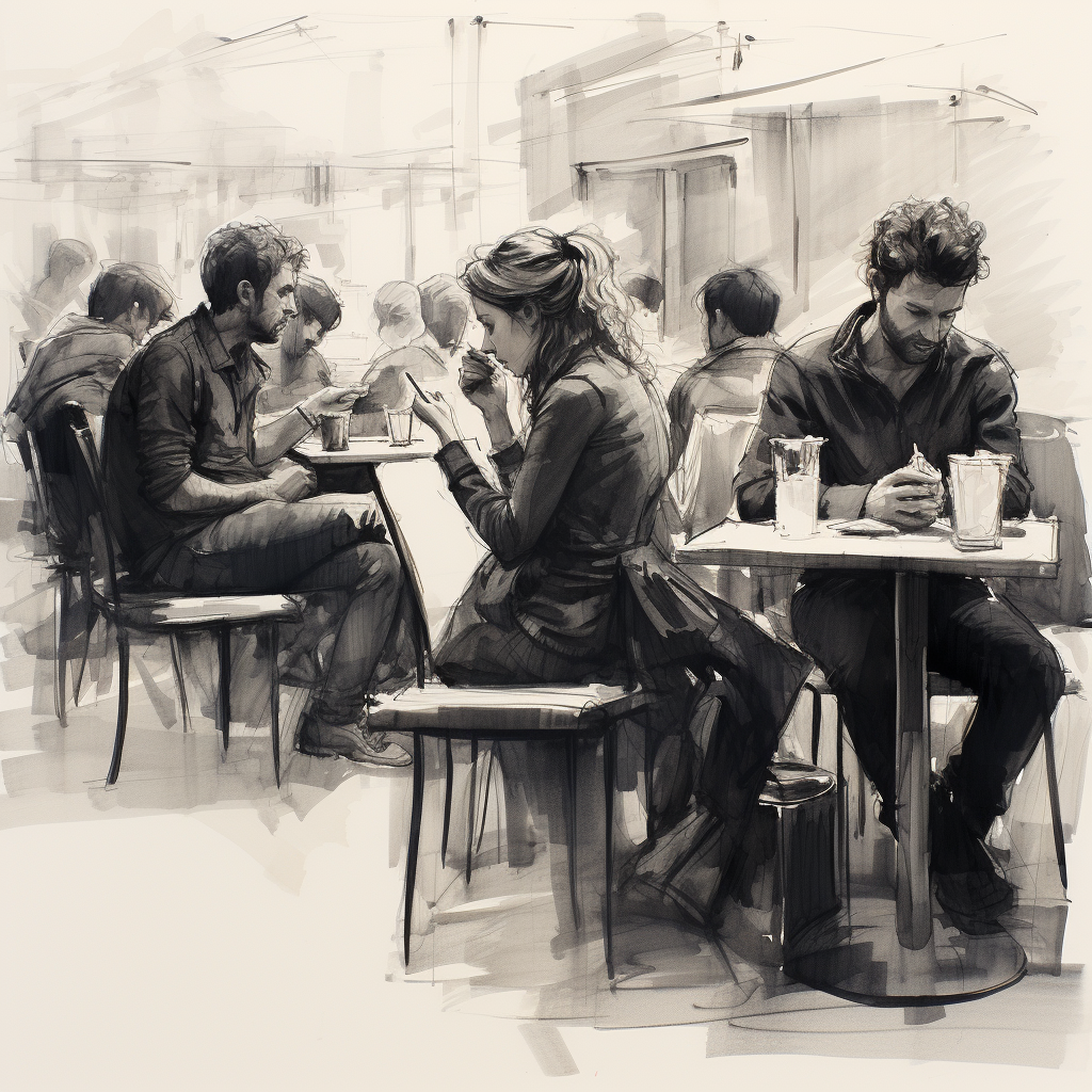 Minimal charcoal drawing of people sitting by cafe