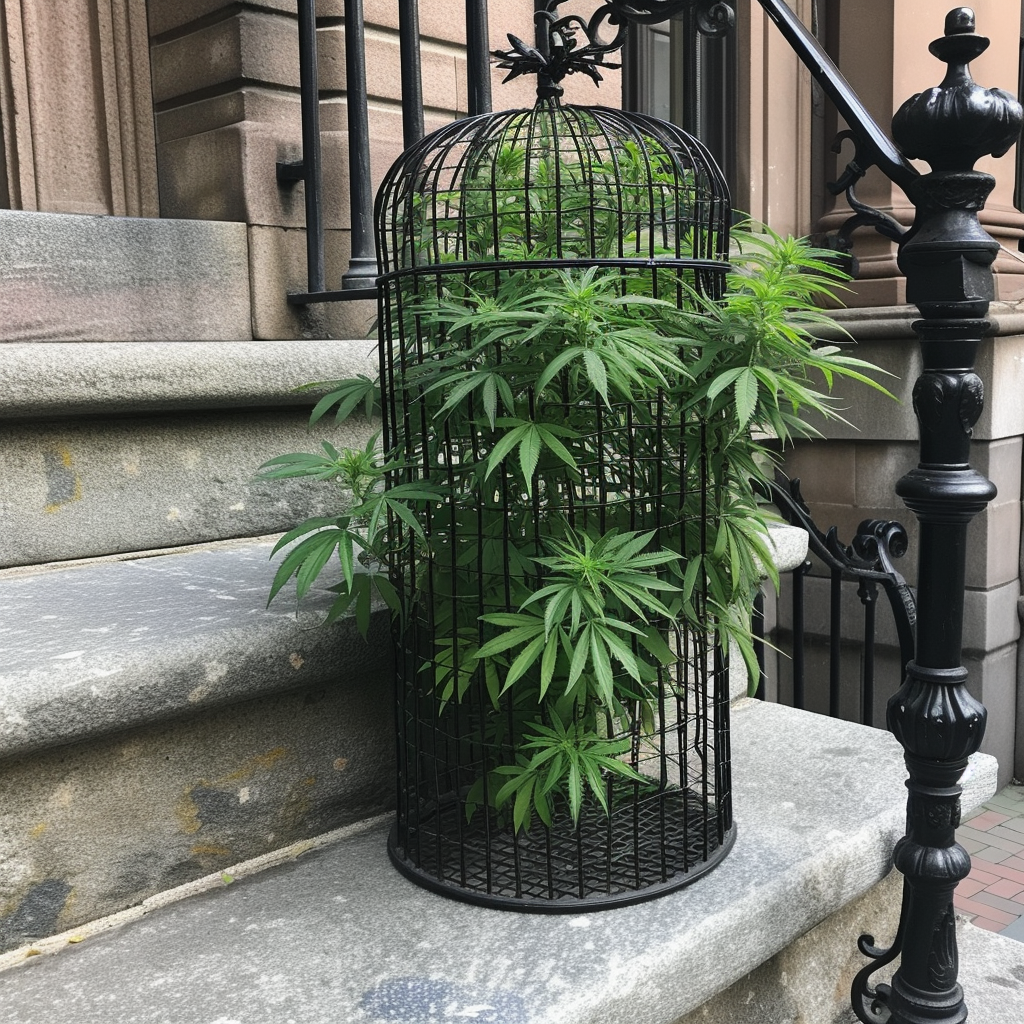 Caged cannabis plant outside state house