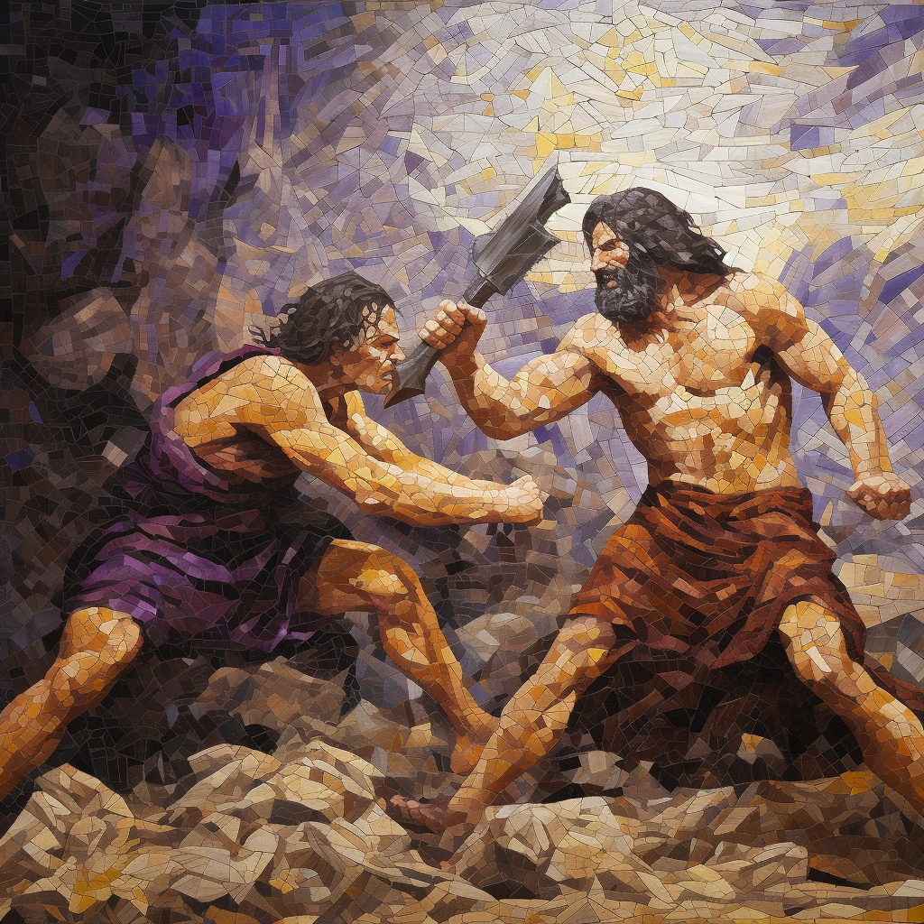 Cain slaying Abel with rock painting