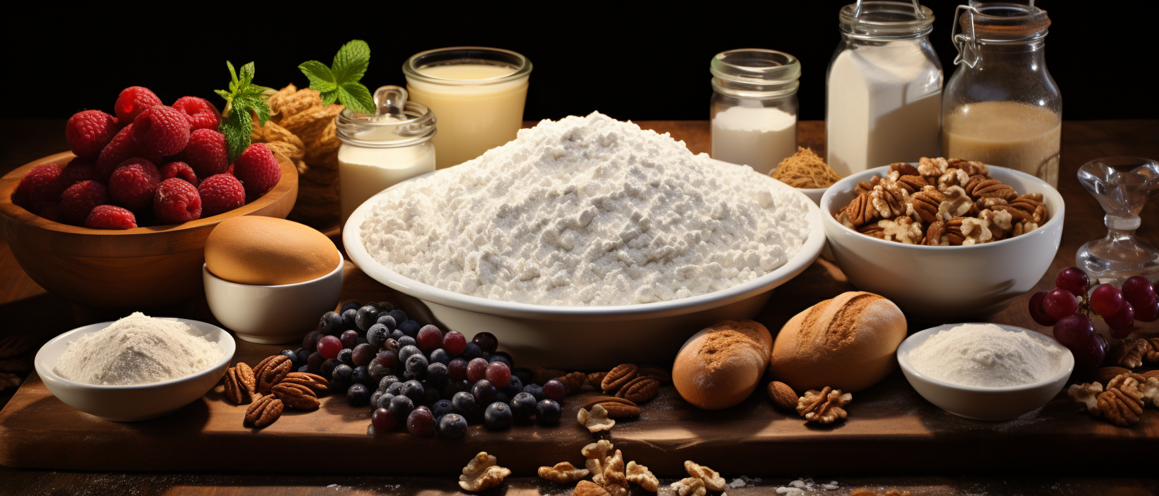 Assorted cake baking ingredients on table