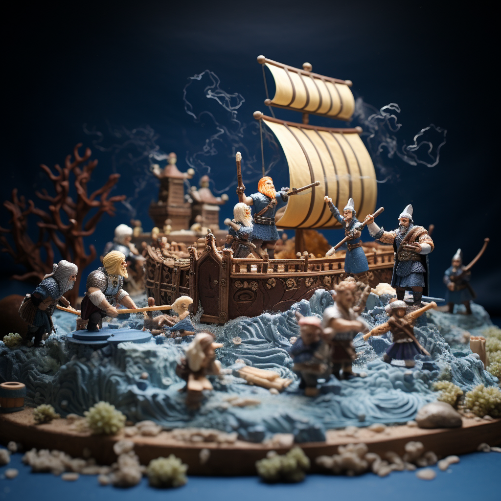 Diorama of cake vikings in blueberry cake world