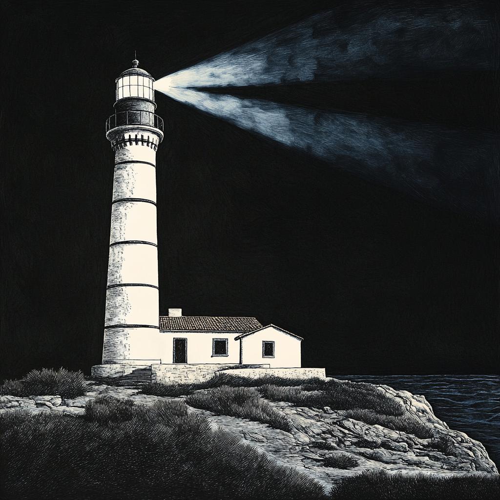 Lighthouse drawing black white night