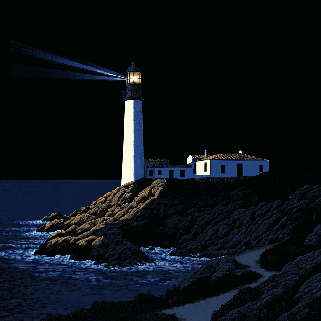 Lighthouse drawing night beams sea