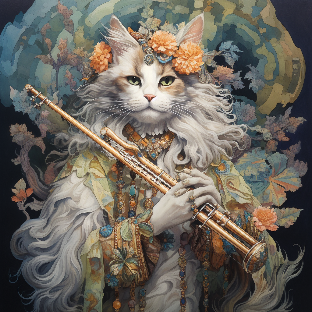 Adorable calico cat playing silver flute