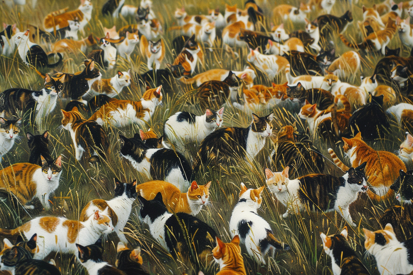 Group of Calico Cats in Meadow