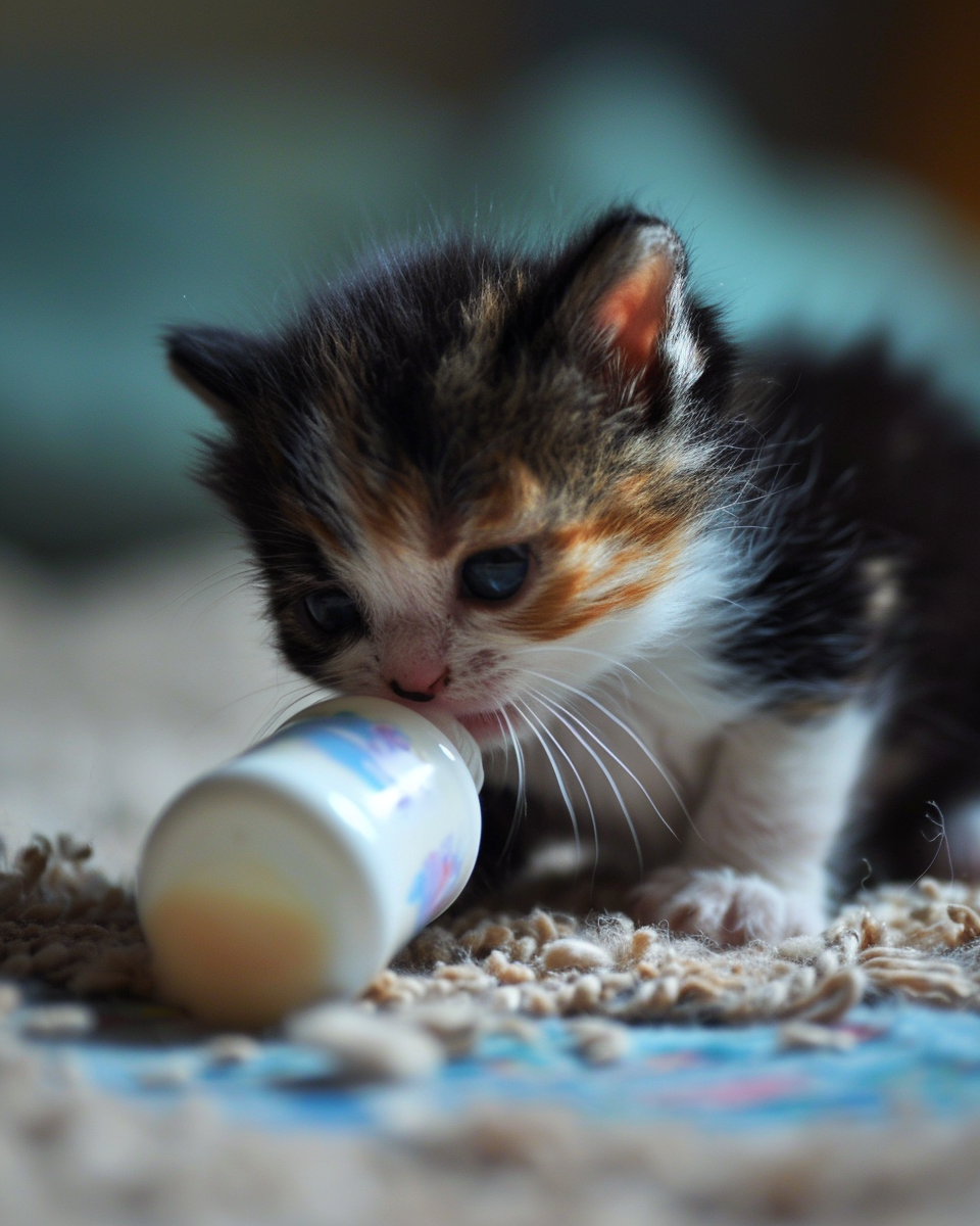 Calico kitten being bottle fed formula