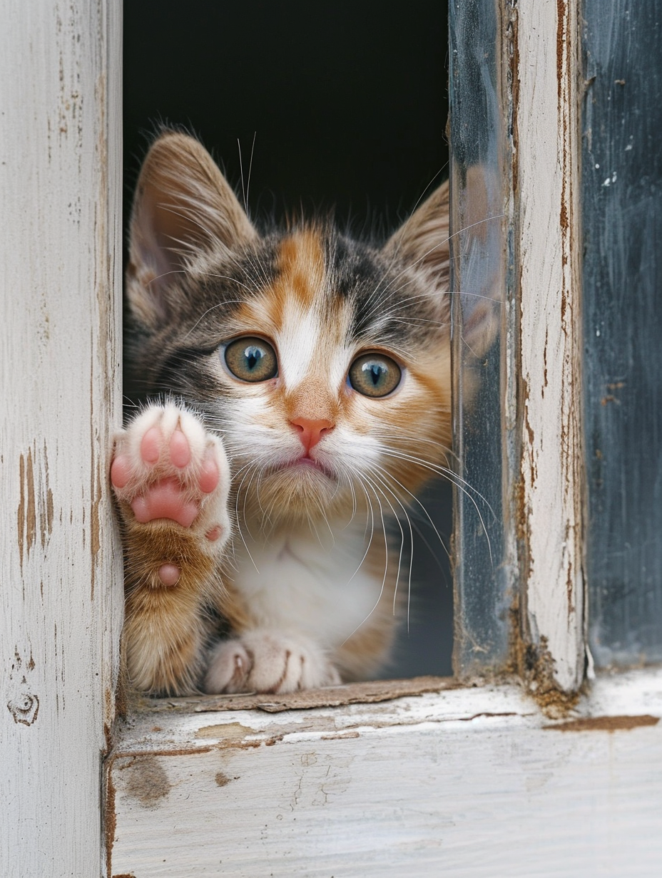 Calico Kitten Waving Paw Behind Window