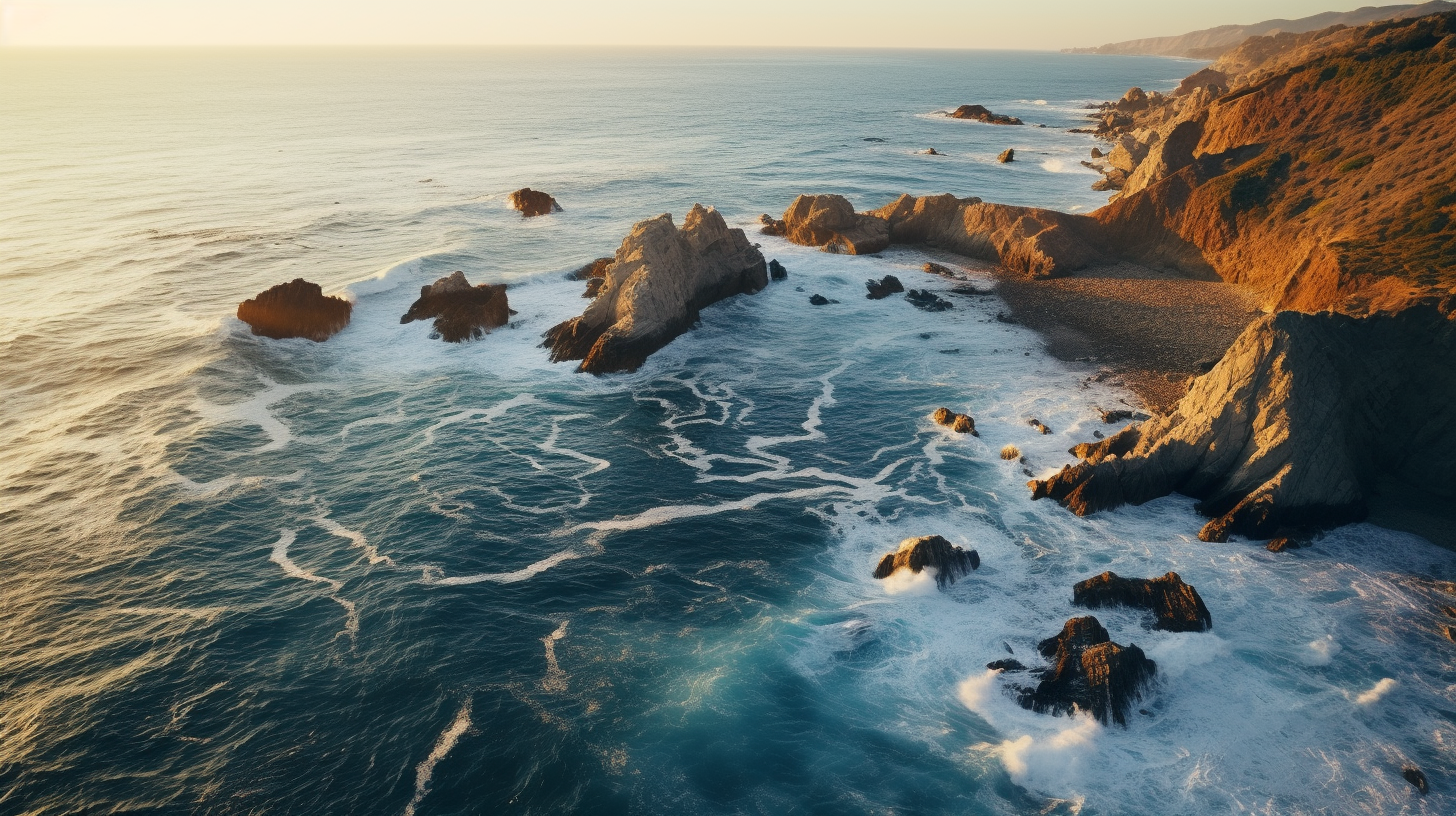 Sunset waves meeting cliffs in California coast