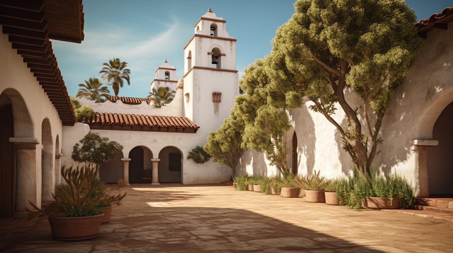 Serene depiction of California Mission during Spanish era