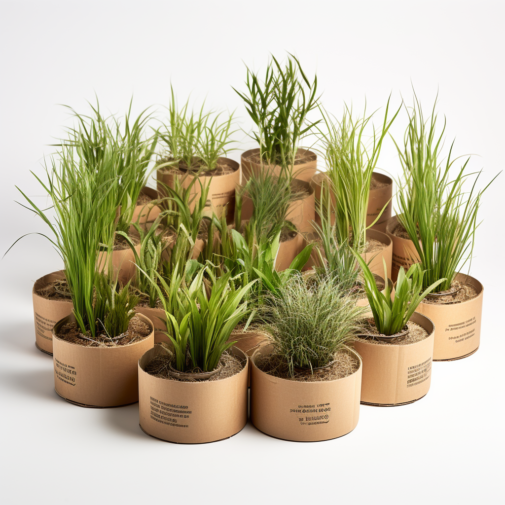 Native grass plants in round cardboard containers