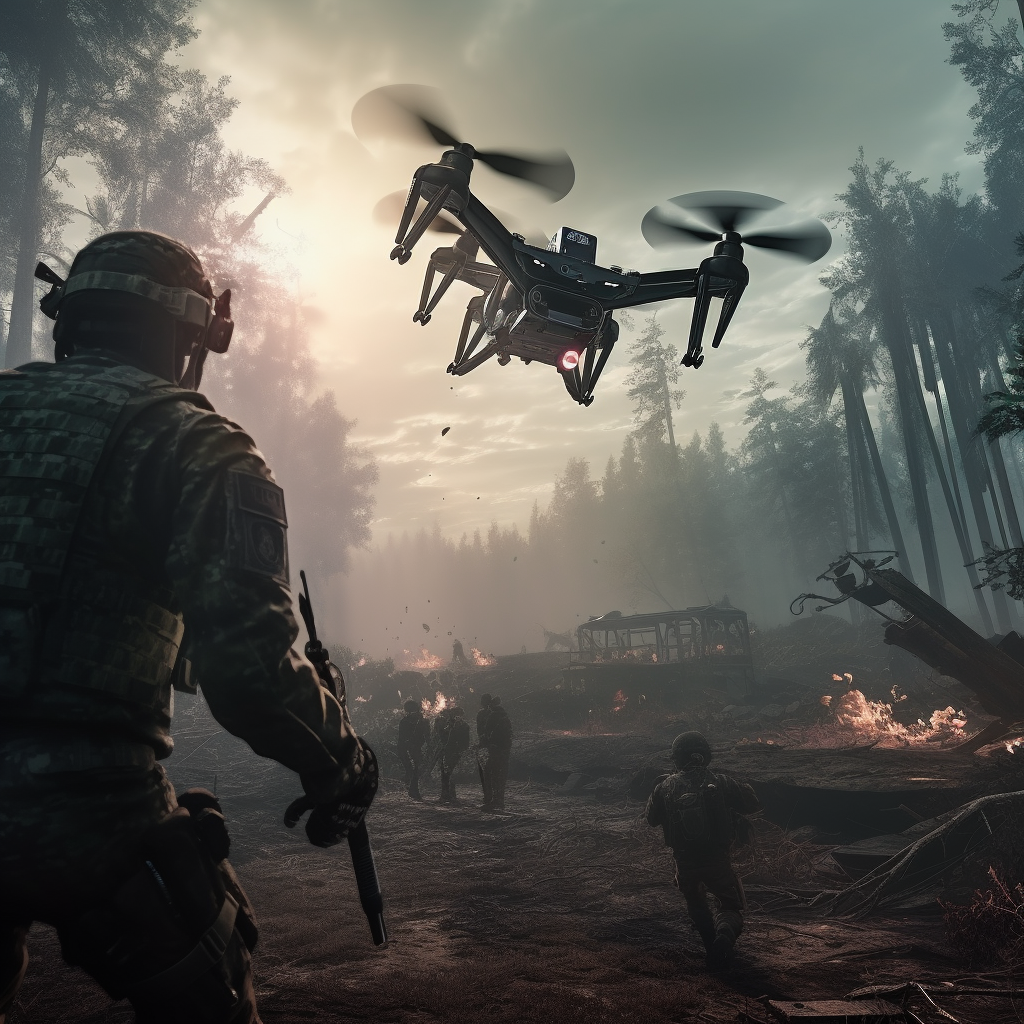 Air drone chasing soldiers in Call of Duty game