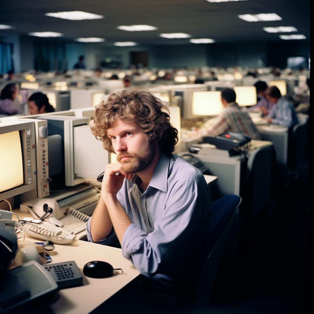 Happy call center worker in chaotic office