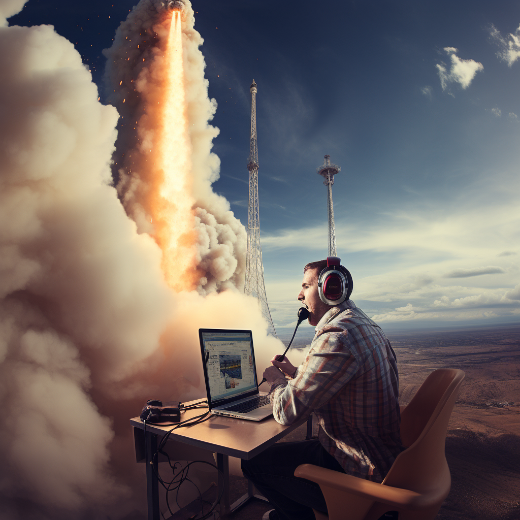 Call center agent launching rocket to the sky