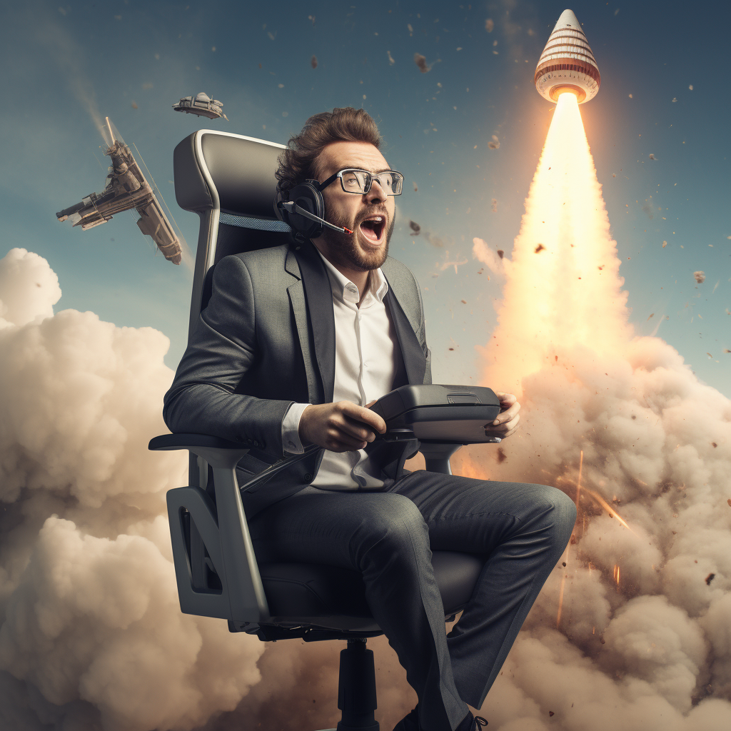 Call center agent riding rocket to success