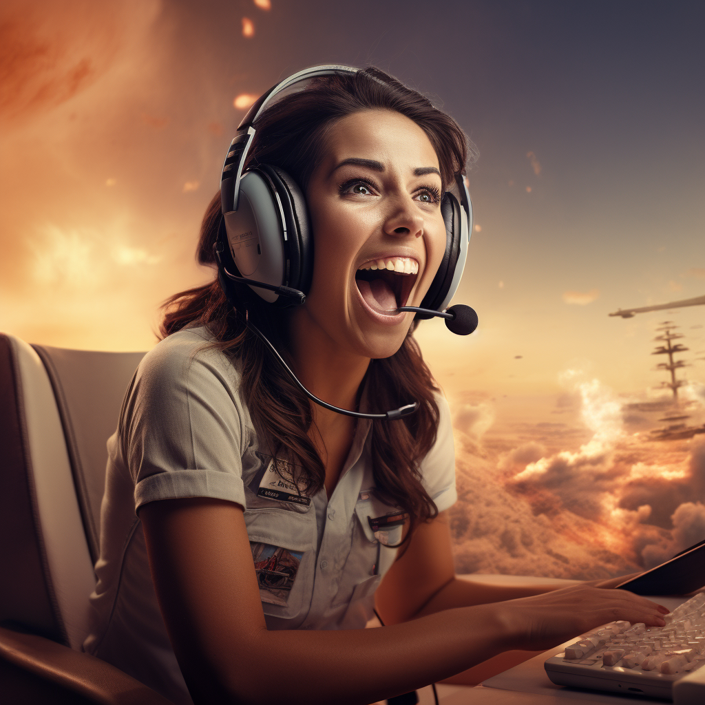 Female call center agent riding a rocket