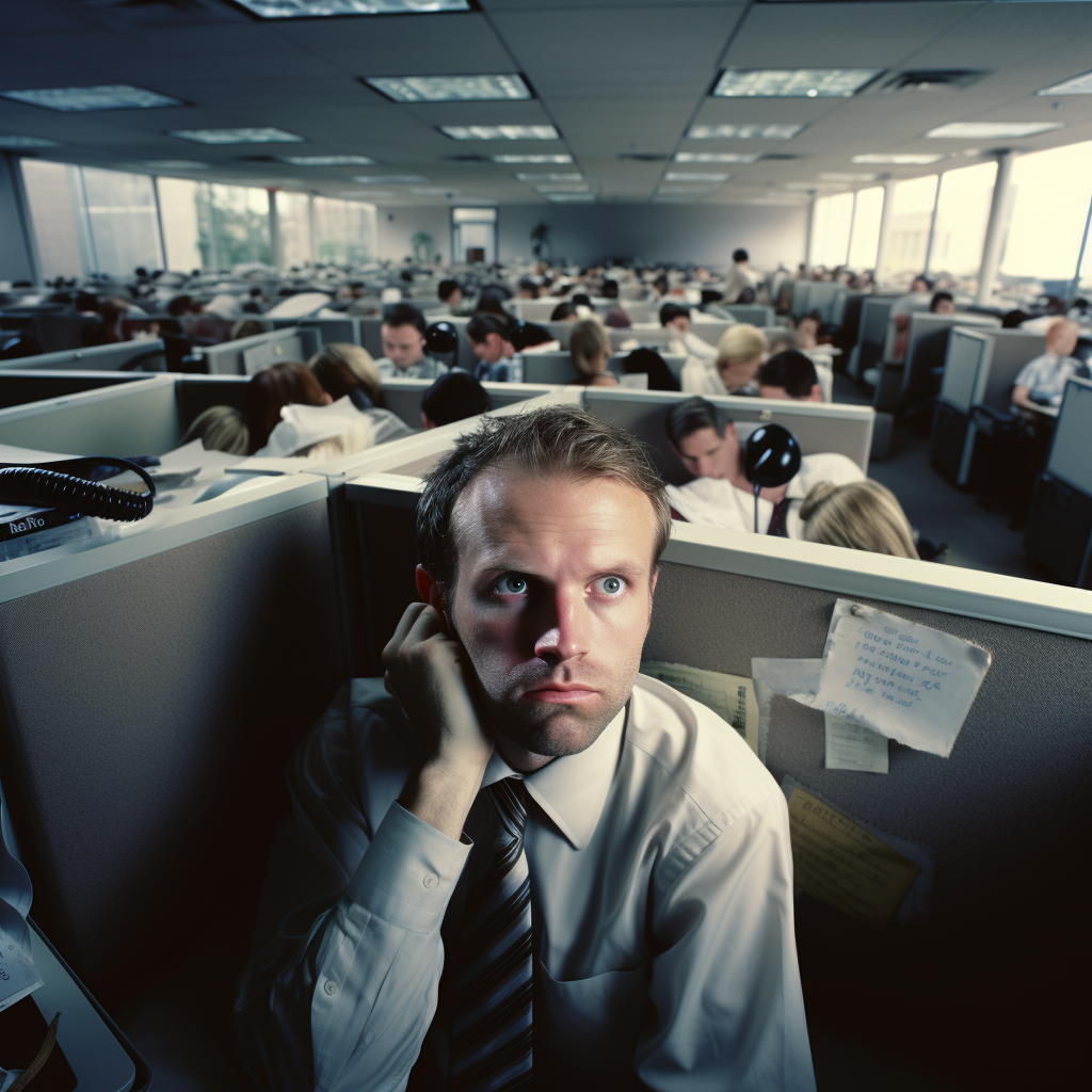 Stressed worker in call center chaos