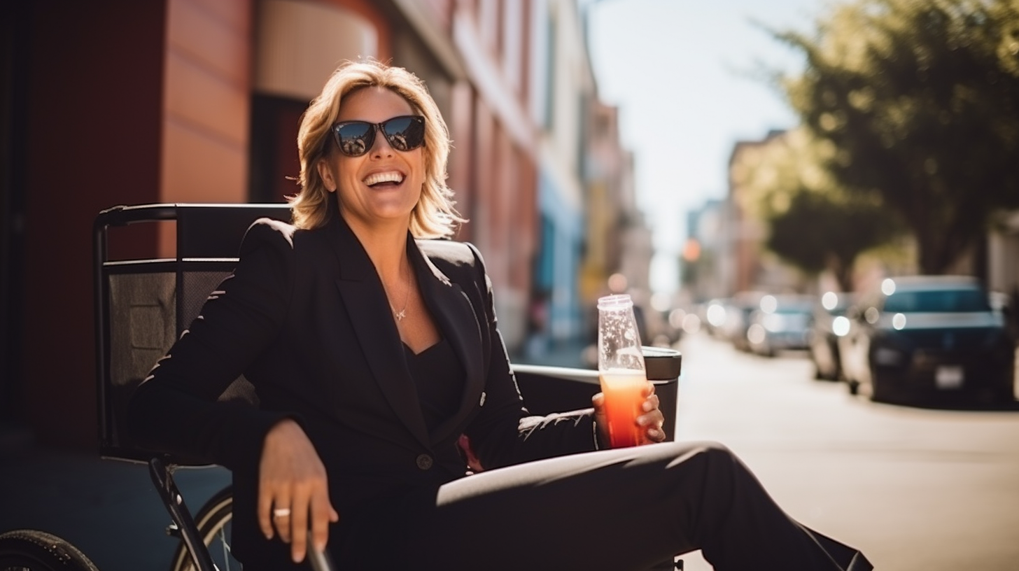 Calm business woman on pedicab holding tomato juice