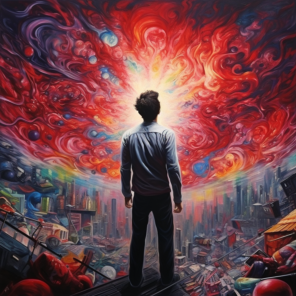 Faceless man amidst chaos with vivid colors