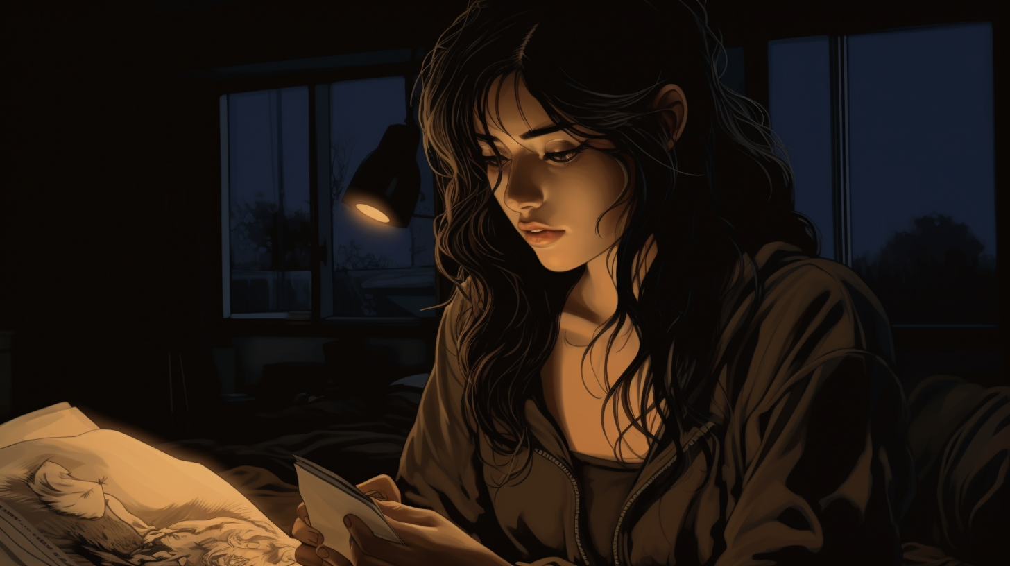 Calm face girl reading book in room at night