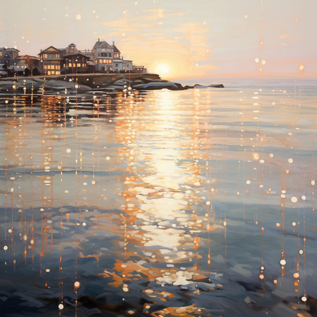 Tranquil ocean at dawn with buildings