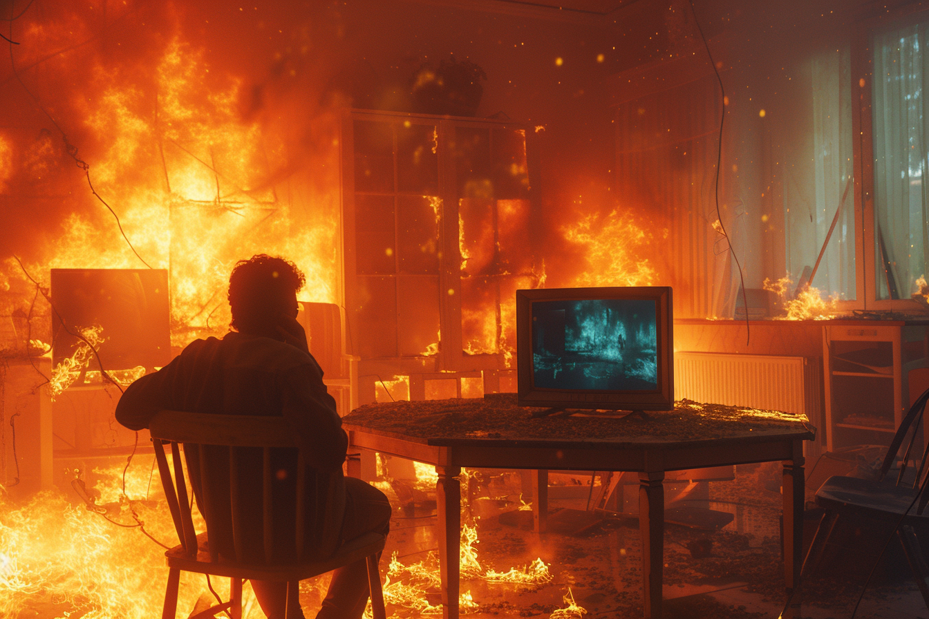 Calm person watching TV in fire