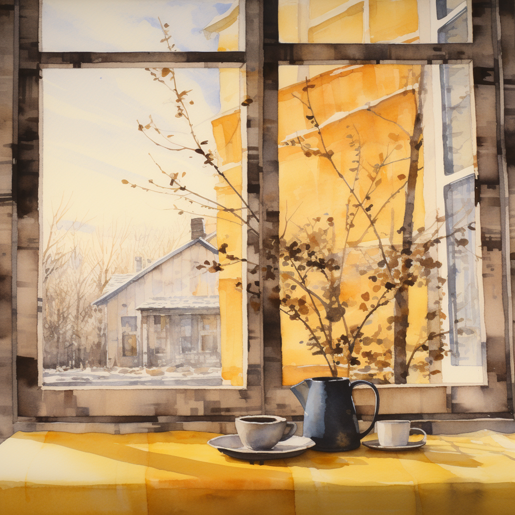 Calm scenery kitchen window winter coffee table