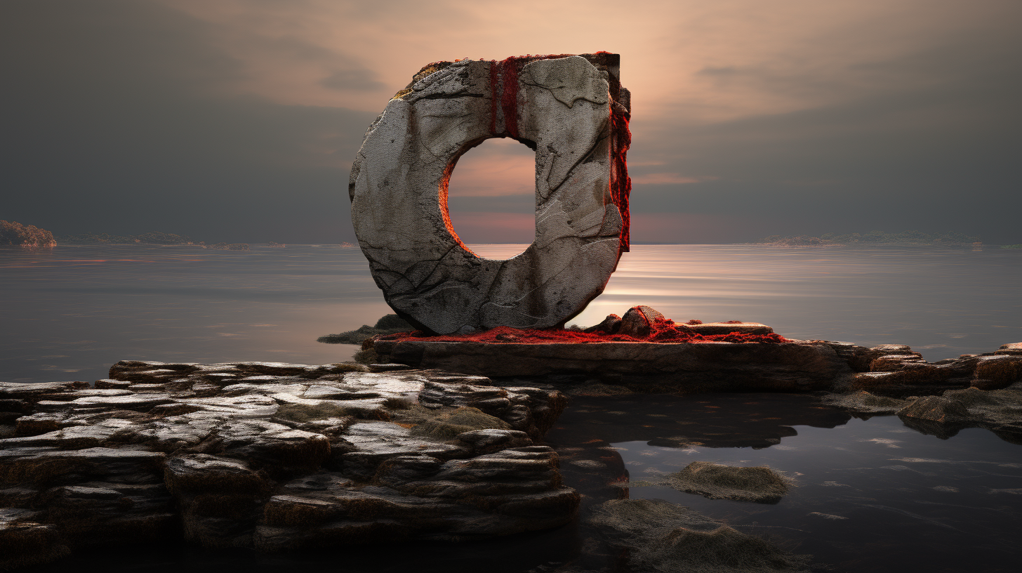 Old Rusty Stone with Red Moss on Calm Water