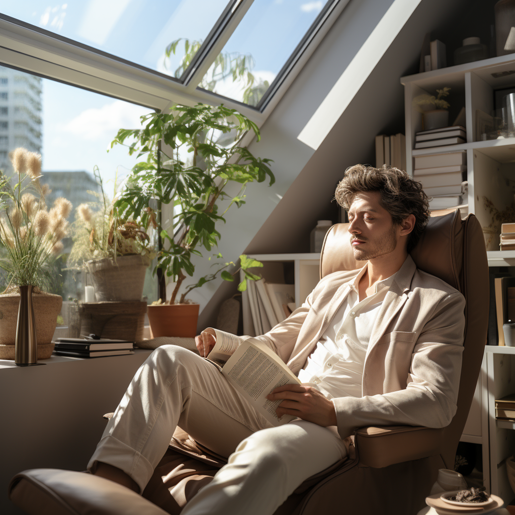 Young man reading in modern room